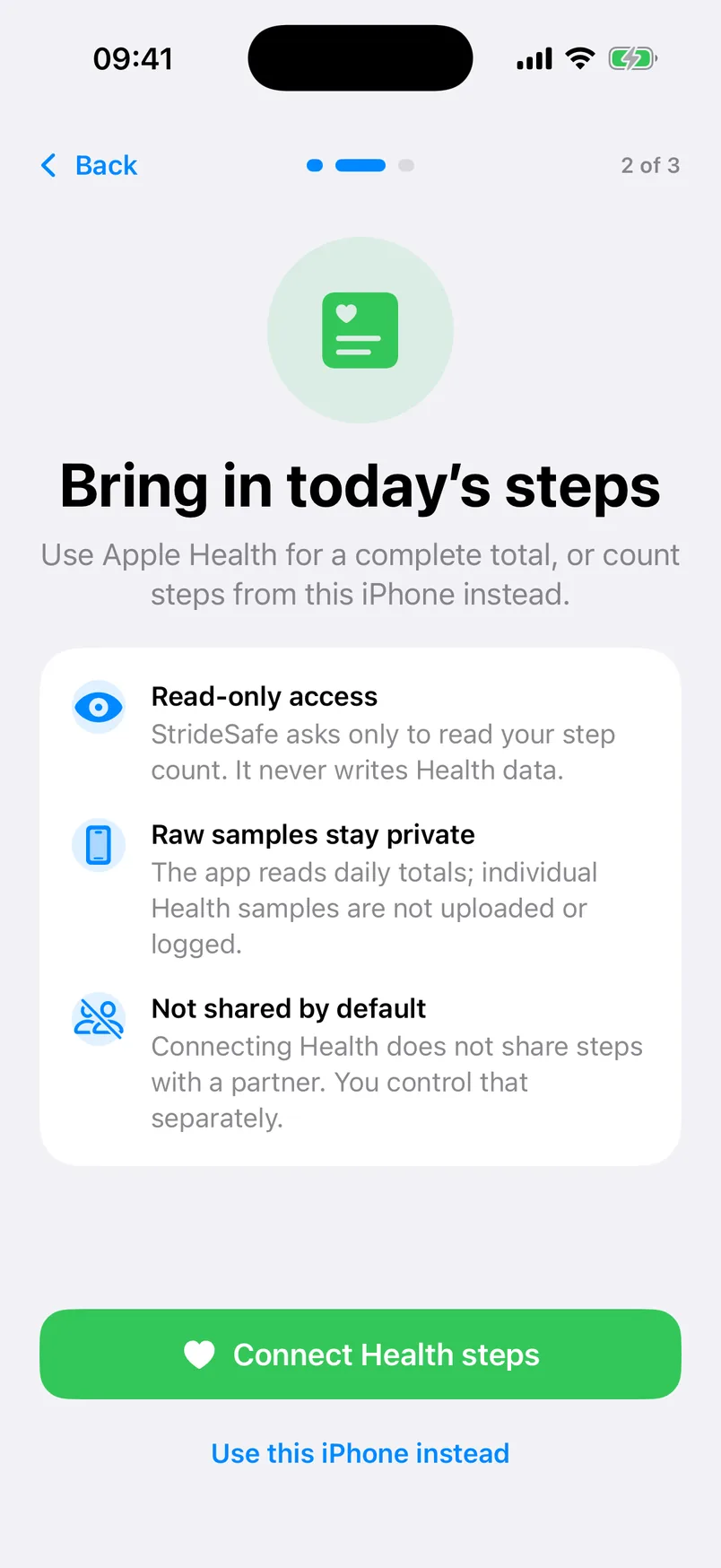 StrideSafe Apple Health onboarding explaining read-only daily steps