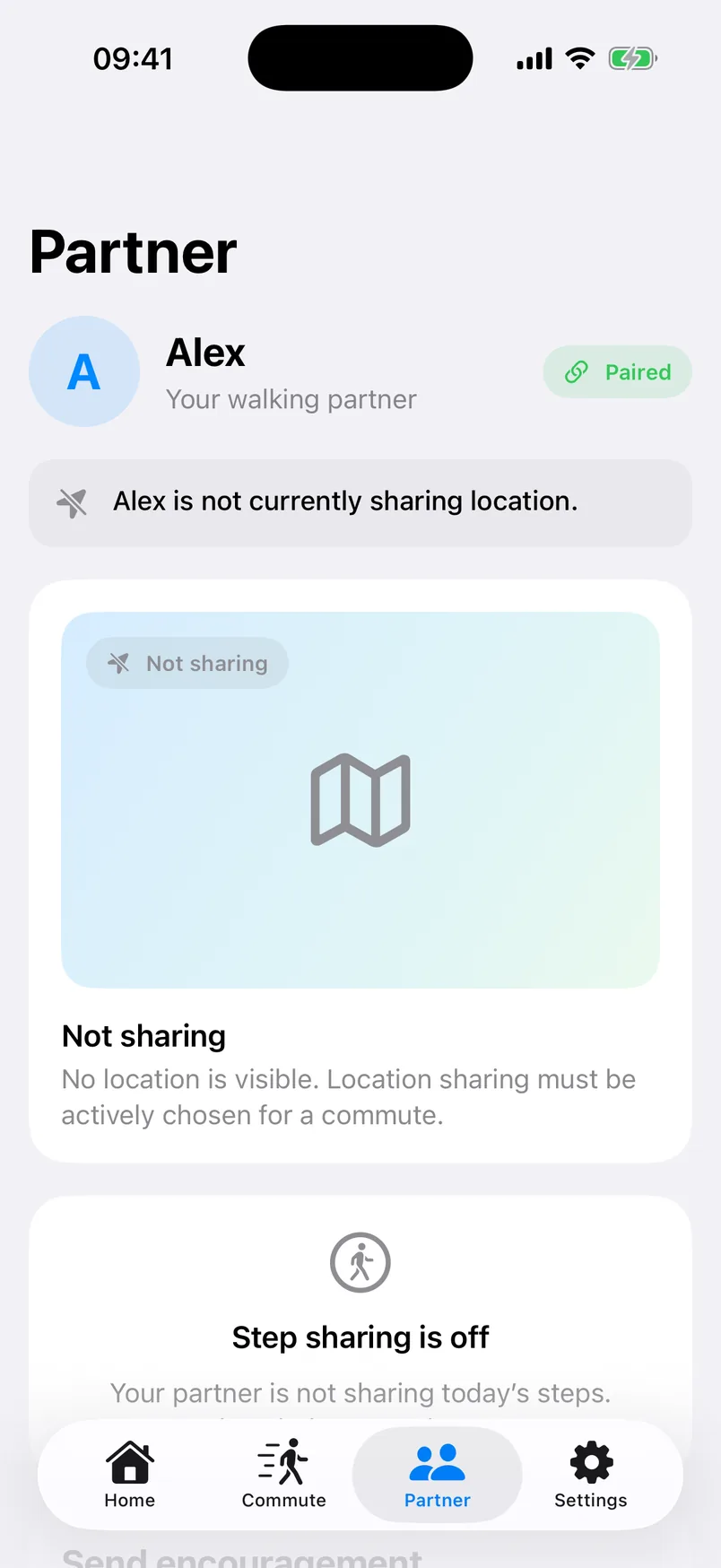 StrideSafe partner screen with location and steps visibly off