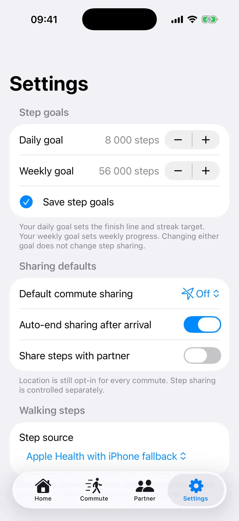 StrideSafe settings with goals and independent sharing controls